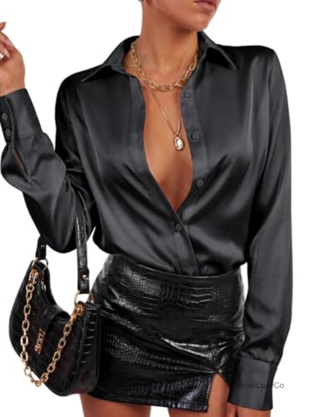 Satin Long Sleeve Button Down Blouse Silk Collared Work Office Top Dressy